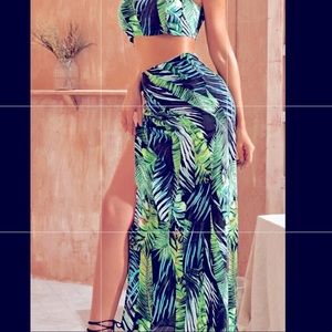 Tropical print one shoulder set